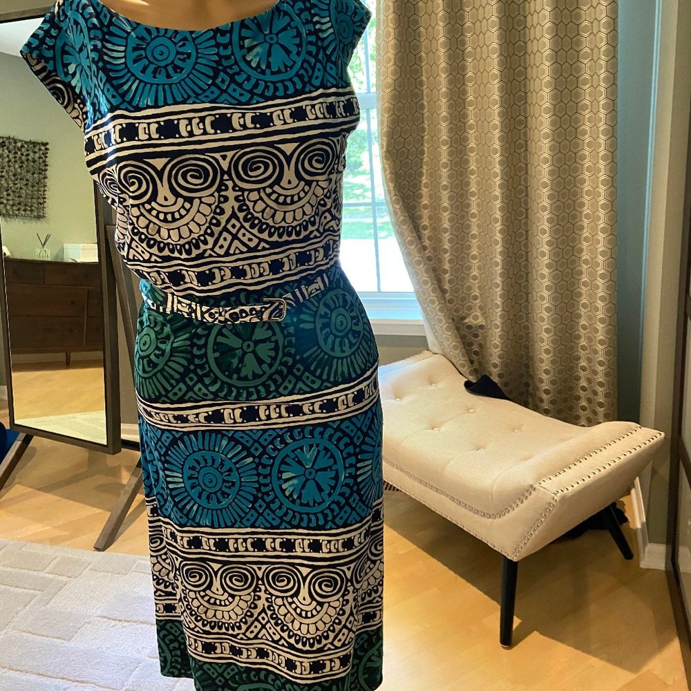 Tory Burch Blue, White, Green Silk Aztec Dres